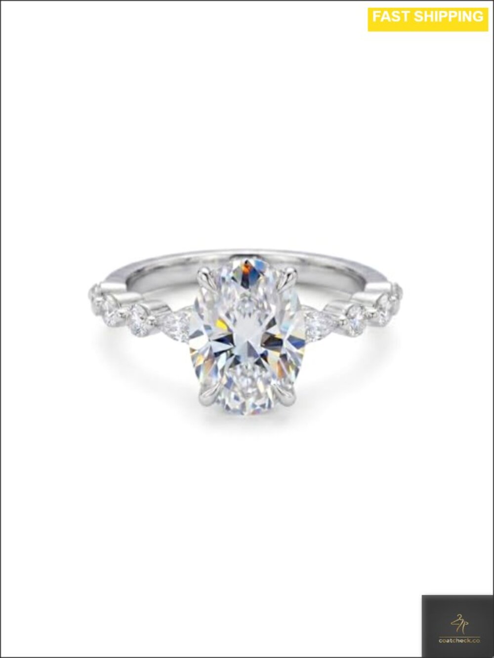 Oval Engagement Ring 2 CT Moissanite with Marquise Band 925 Sterling Silver and